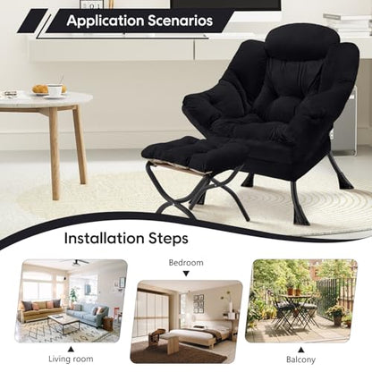 Lazy Chair with Folding Ottoman Modern Large Accent Chair,Contemporary Lounge Leisure Sofa Chair with Armrests Upholstered Sofa Armchair Reading Chair for Bedroom,Dorm & Office(Black-f) - color: Black