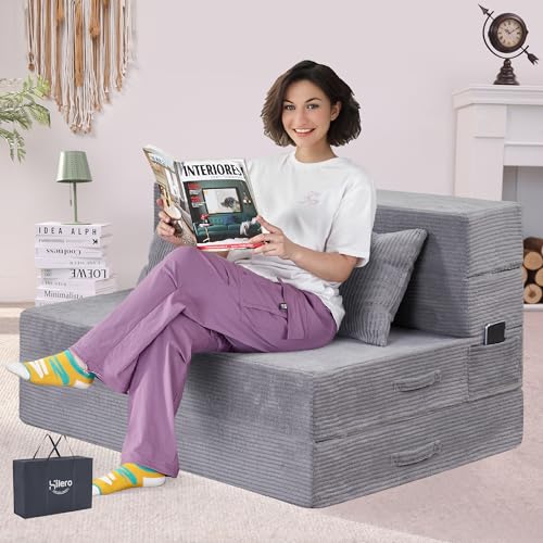 Folding Sofa Bed, 4 in 1 Convertible Sleeper Chair with Pillow, Twin Memory Foam Fold Out Chair Bed, Modern Floor Futon Sofa Couch Mattress for Living Room/Guest/Apartment, Light Gray - color: Light Gray, size: Twin