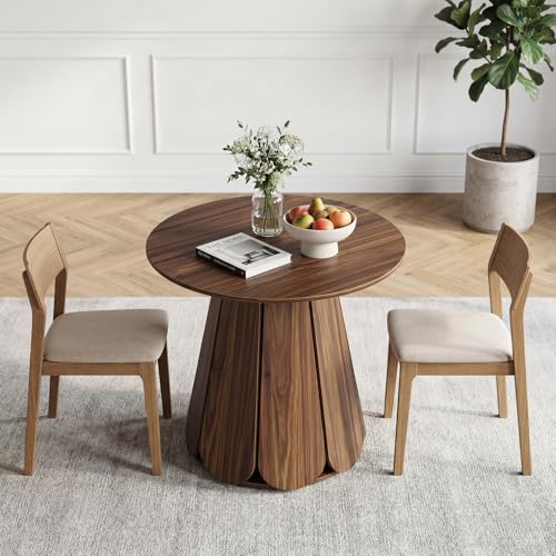 31.5" Round Dining Table, Small Circle Kitchen Table for 2-4 People, Modern Farmhouse Wood Dinning Room Tables with Pedestal Base, Space Saving Dinner Tables for Small Spaces, Mesa de Comedor, Walnut - color: Walnut