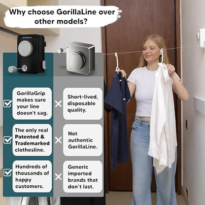 Max – Retractable Clothesline Indoor Outdoor, Non-Sagging Heavy Duty Clothes Drying Line, Wall Mounted Drying Rack, Air Dry Clothing, Max Tighten with GorillaGrip - style: Black - Upgraded Model