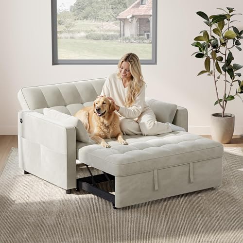 Yaheetech 3 in 1 Sofa Bed Convertible Sleeper Sofa with USB Ports, Beige | Velvet Pull Out Couch Folding Loveseat Sleeper, Armrest Pillows, USB Ports, Side Pockets for Living Room Bedroom Apartment - color: Beige