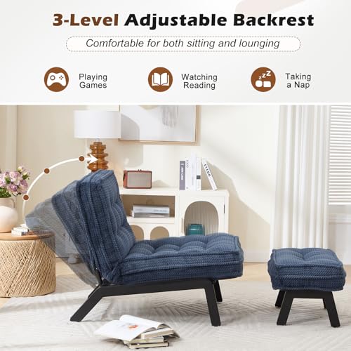 ANJ Accent Chair with Ottoman Adjustable Backrest, Blue Living Room Chair Tufted Upholstered Lounge Chair with Footrest Set, Modern Chair Cozy Reclining Chair for Reading Room Bedroom - color: Blue, size: 1