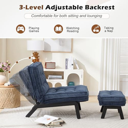 ANJ Accent Chair with Ottoman Adjustable Backrest, Blue Living Room Chair Tufted Upholstered Lounge Chair with Footrest Set, Modern Chair Cozy Reclining Chair for Reading Room Bedroom - color: Blue, size: 1