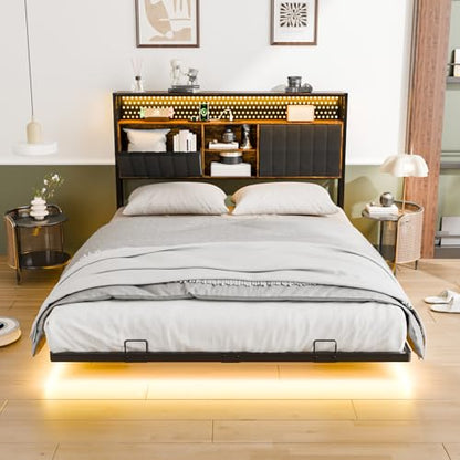 VINGLI Queen Size Floating Bed Frame with LED Lights and Charging Station, Cozy Hidden Storage Velvet Upholstered Bookcase Headboard,No Box Spring Needed,Easy Assembly,Black - color: Industrial Brown, size: Queen