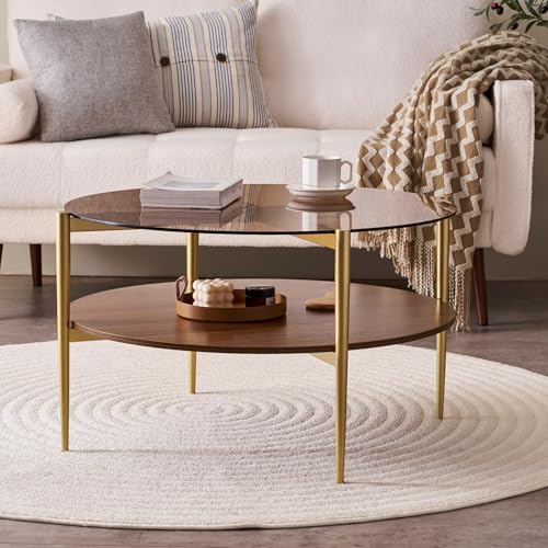 LumFurn Round Coffee Table, Mid-Century Modern Design, D30 x H17, for Living Room, 2-Tier Structure, Amber Glass Top and Walnut MDF Shelf, Sleek Conical Metal Legs with Gold Finish - color: D30" Amber & Walnut