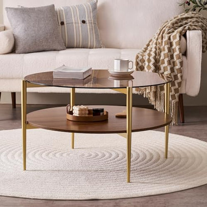 LumFurn Round Coffee Table, Mid-Century Modern Design, D30 x H17, for Living Room, 2-Tier Structure, Amber Glass Top and Walnut MDF Shelf, Sleek Conical Metal Legs with Gold Finish - color: D30" Amber & Walnut
