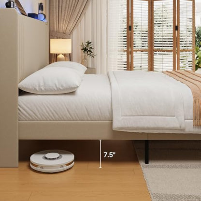 Gizoon Queen Bed Frame with Charging Station and LED Lights | Upholstered Wingback Platform Bed with Padded Headboard,Wooden Slats,Noise-Free,No Box Spring Needed, Easy Assembly,Beige - color: Beige+led, size: Queen