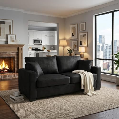 Eafurn 69" Small Loveseat Sofa Couch, Mid-Century Modern PU Leather 2-Seater Sofa with Wood Frame & 2 Pillows, Compact Space-Saving Couch for Living Room, Apartment, Office - color: Black 69"