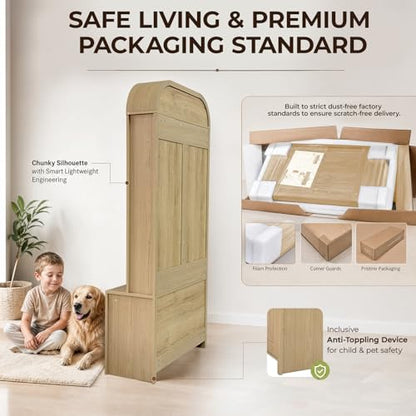 Narrow Entryway Hall Tree with Storage Bench, Modern Fluted Coat Rack and 2-Door Shoe Cabinet for Small Spaces, Arched Mudroom Organizer to Hide Clutter, Natural