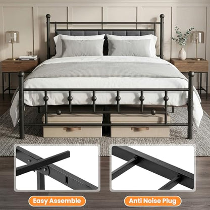 Velvet Upholstered Queen Bed Frame with Headboard | 14-inch Underbed Storage, 13 Metal Slats, 9 Support Legs, Noise-dampening Strips, No Box Spring Needed - size: Queen