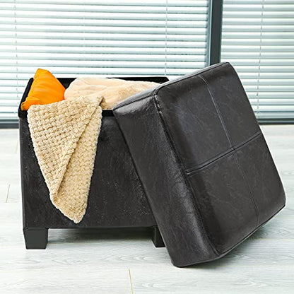 GLAXYFUR Square Storage Ottoman, Cube Ottoman with Legs, Leather Foot Stool | Footrest, PU Leather Ottoman with Storage, Upholstered Folding Bench for Living Room, Bedroom - color: 15.7" Black