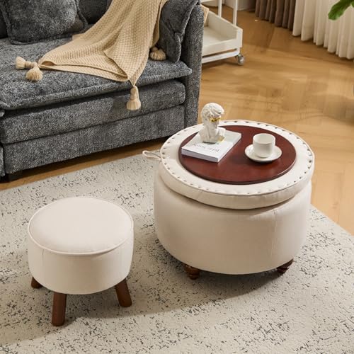 24Inch Round Storage Ottoman, Set of 2, Modern Button Tufted Coffee Table with Removable Top, Upholstered Ottoman with Storage Footrest Stool for Living Room, Bedroom (Khaki) - color: Khaki