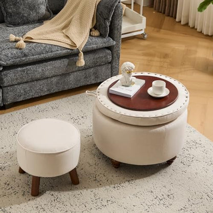 24Inch Round Storage Ottoman, Set of 2, Modern Button Tufted Coffee Table with Removable Top, Upholstered Ottoman with Storage Footrest Stool for Living Room, Bedroom (Khaki) - color: Khaki