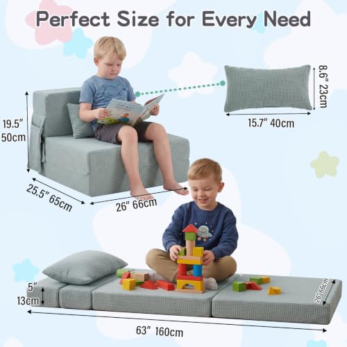 Kids Folding Sofa Bed, Floor Mattress, Foldable Futon Mattress | Toddler Fold Out Couch, Foldable Floor Nap Mat, Washable Kids Mattress with Storage Bag for Travel Camping Outdoor Use，Green - color: Waffle Green
