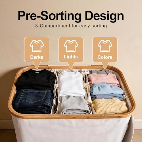 Laundry Basket 160L Laundry Hamper 3 Section, Large 42.3 Gal Separated Laundry Hamper with Lid & Removable Liners, laundry organizer with 6 Pockets & Handles for Bedroom Laundry Room, Beige - color: Beige