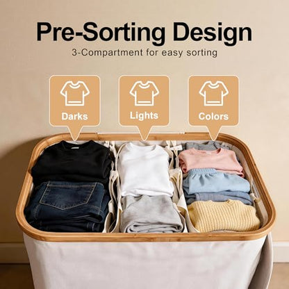 Laundry Basket 160L Laundry Hamper 3 Section, Large 42.3 Gal Separated Laundry Hamper with Lid & Removable Liners, laundry organizer with 6 Pockets & Handles for Bedroom Laundry Room, Beige - color: Beige
