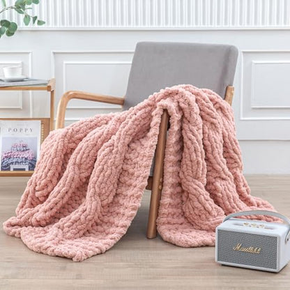 WESHIONGOO Chunky Knit Blanket Throw for Couch Bed 50"×60" Pink | 100% Handmade Knitted Throw blanket Fluffy Soft Blanket With Jumbo Chenille Yarn Thick - color: Pink, size: 50"x60"