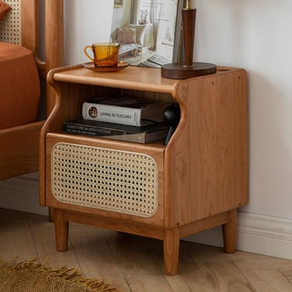Cherry Wood Nightstand with Drawer, Rattan Nightstand, Natural Wooden Side Table, 19.3" H Bedside Table with Open Shelf, Small Nightstand for Bedroom - color: Natural, size: 1 pc(13.8"D x 17.7"W x 19.3"H)