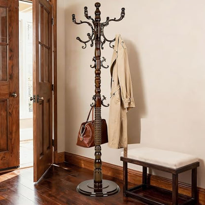 Wooden Coat Rack Freestanding with 18 Hooks, Adjustable Height Coat Tree Free Standing Heavy Duty for Entryway, Easy Assembly Solid Wood Sturdy Coat Hats Hanger Stand for Office Hallway Bedroom - color: Brown-Resin Hook