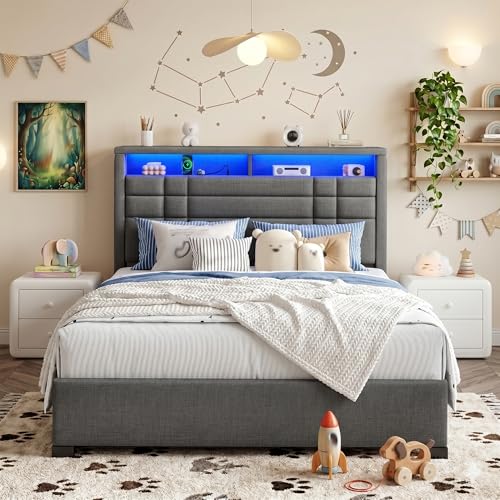 EnHomee Full Upholstered Bed Frame with Charge Station & LED Lights, Grey | 2-Tier Shelves Headboard, 12" Under-Bed Storage Space, Noise-Free, No Box Spring Needed, Easy Assembly - color: Grey, size: Full