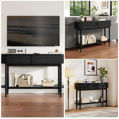 LINSY Fluted Console Table with Storage and Shelves, Black | Entryway Table, Wood Entrance, Behind Couch Sofa Table, Foyer Tables for Hallways, Living Room Boho Furniture, Narrow Long - color: Black