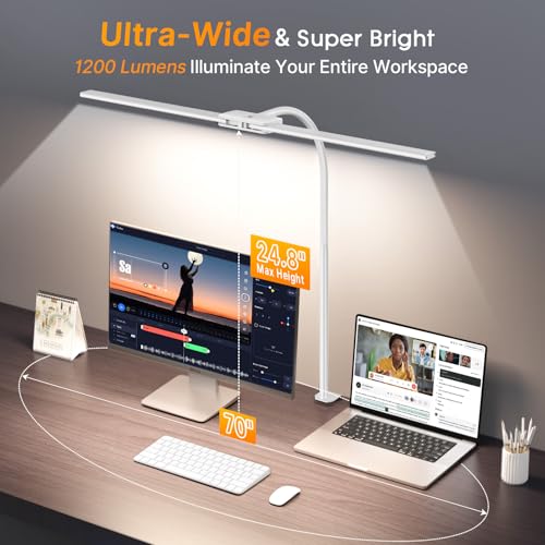 Syrinx LED Desk Lamp, Dual Head Desk Light with Clamp, Eye-Care Table Lamp | Flexible Gooseneck Task Light with Motion Sensor, Wired Control, 50 Lighting Modes, Timer & Memory Function for Home Office - color: White