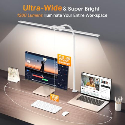 Syrinx LED Desk Lamp, Dual Head Desk Light with Clamp, Eye-Care Table Lamp | Flexible Gooseneck Task Light with Motion Sensor, Wired Control, 50 Lighting Modes, Timer & Memory Function for Home Office - color: White