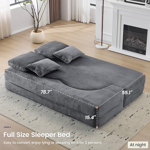 78” Convertible Sofa Bed, Full Size Sleeper Couch, Grey | Boneless Folding Loveseat, Deep Seat, Soft Chenille, 4 Pillows, No Assembly, for Guest Living Room Bedroom - color: Grey, size: 78"