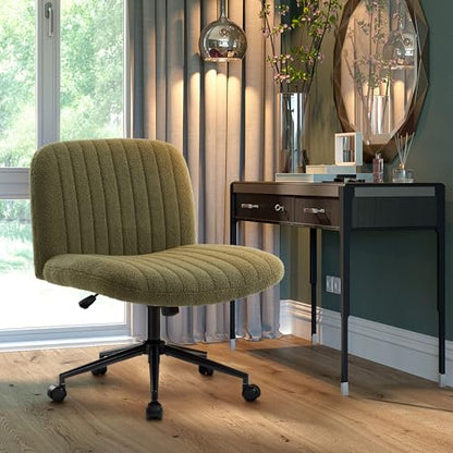 IWMH Criss Cross Office Chair with Wheels Cross Legged Desk Chair Armless | Green Computer Chair Vanity Chair Wide Seat Swivel Task Chair for Home Office Bedroom Make Up Small Space Height Adjustable - color: Teddy Green With Wheels