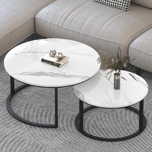 WiberWi Round Coffee Table Nesting Tables Set of 2, Large : Ø 33.5", Small : Ø 25.7", Modern Design Coffee Tables for Living Room, Metal Frame Circle Cocktail Table, High Glossy Faux White Marble - color: White Top&black Frame