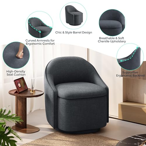 LINSY Swivel Accent Chair with Storage Comfy Chenille Barrel Chairs, Small 360 Swivel Modern Armchair for Living Room Bedroom, Boucle Reading Chair for Study Room (Grey) - color: Grey
