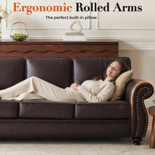71" W Loveseat Sofa Couch, Faux Leather Fabric Sofas, Brown | Mid-Century Love Seat with Nailhead Trim, Upholstered Couch Set for Living Room Bedroom - color: Brown, size: S-2 seat