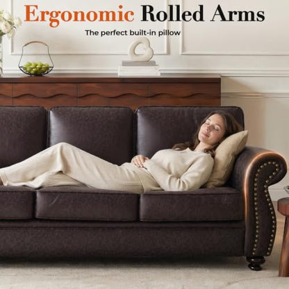 88" W Living Room Furniture Sets, 3-Seater&2 Single, Brown | Faux Leather Fabric Sofa and Couch Sets, Mid-Century 3-Seater Sofa Set with Nailhead Trim - color: Brown, size: L-5 seat