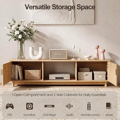 FurSch 62.2" Mid Century Modern Fluted TV Stand, Natural | Low Profile, 3D Slatted & Waved Design Panel, For Living Room Bedroom - color: Natural