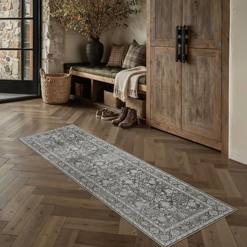 Black Runner Rug 2x5 Vintage Traditional Distressed | Washable, Non Slip, Soft Low Pile, Hallway Carpet for Kitchen, Entryway, Laundry Room, Farmhouse Decor - color: Accent Black, size: 2' x 5' (Runner)