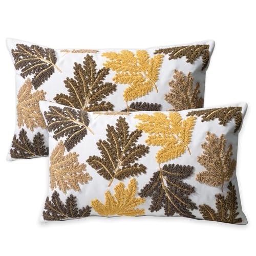 Set of 2 Embroidered Decorative Throw Pillow Covers Couch Square Pillowcases Cushion for Bedroom Sofa Farmhouse Decor 18x18 Inch (Yellow Maple Leaf-Lumbar) - color: Yellow Maple Leaf-lumbar