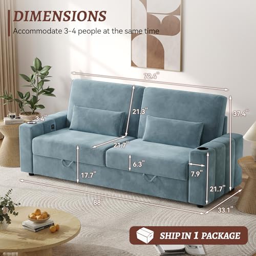 COPIAE Loveseat Sofa, Larger Couch Velvet Fabric with Storage, Charging Ports, Heightened Backrests, Removable Cover Modern Comfy Couches Easy Assembly for Living Room, 88 Inch Blue - color: Blue