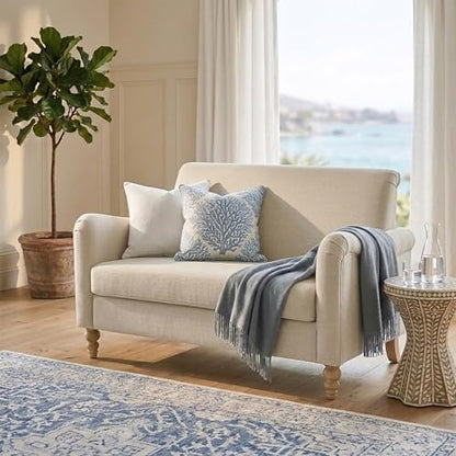 HULALA HOME 50.5" Small Loveseat Sofa, 2 Seater Farmhouse Sofa, Linen | Comfy Upholstered Couch, with Solid Wood Spindle Legs and Rolled Wide Armrests, Loveseat Couch for Living Room Bedroom - color: Linen, size: 2-Seater Loveseat