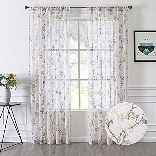 Tollpiz Floral White Short Sheer Curtains Flower Print Vine Embroidery Bedroom Curtain Rod Pocket Voile Window Curtains for Living Room, 54 x 45 inches Long, Set of 2 Panels - color: White, size: 54"W x 45"L (Pack of 2)