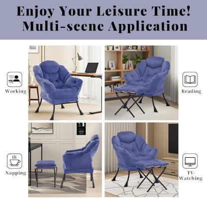 Lazy Chair with Ottoman, Comfy Reading Chair, Dark Blue | Cushioned Seat with Foldable Ottoman and Side Pocket, Lounge Chair for Bedroom, Living Room, Dorm and Small Spaces - color: Darkblue
