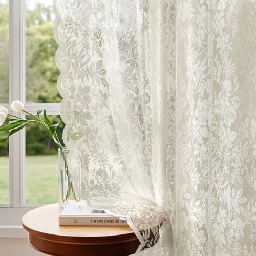 Vintage Floral Lace Sheer Curtains 45 Inches Long 2 Panels Victorian Ivory, Scalloped Edge Light Softening, Easy Install Rod Pocket Drapes for Bedroom Living Room French (W52xL45) Jade White - color: Jadewhitefloral, size: 52"W x 45"L (Pack of 2)