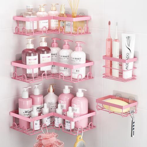 Liuoud Corner Shower Caddy, 5 Pack Adhesive Stainless Steel Organizer, Pink | Shower Shelves with Soap rack Toothbrush Holder, Rustproof, Large Capacity No Drilling Wall Storage Cute Girly Bathroom Decor - color: Pink