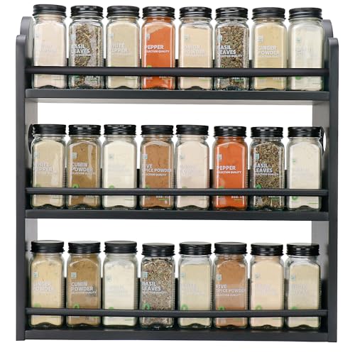 3-Tier Bamboo Spice Rack, Wall Mount & Countertop Spice Organizer | Seasoning Jars Rack Shelf Spice Organizer for Kitchen, Spice Storage Holder with handles, Front and Rear Protective Design - color: Black