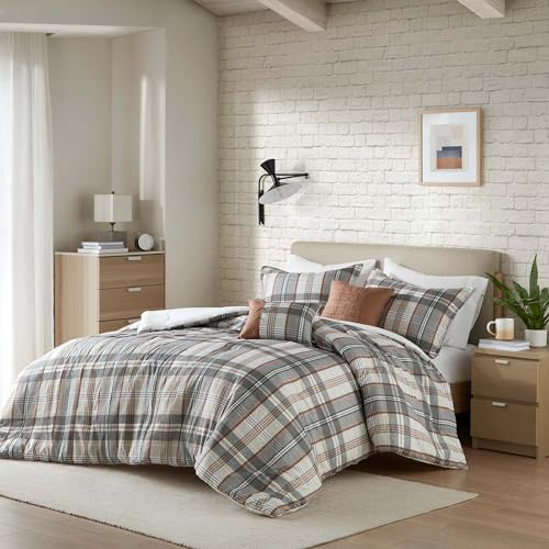 Intelligent Design Plaid Lodge Modern Tan/Gray Queen Comforter Set, 5pc | Bedding Full Size, Girls Bedroom, Casual, Lightweight, All-Season, Machine Washable, Easy Care, Cozy, Breathable - color: Tan/Gray, size: F/Q Comforter