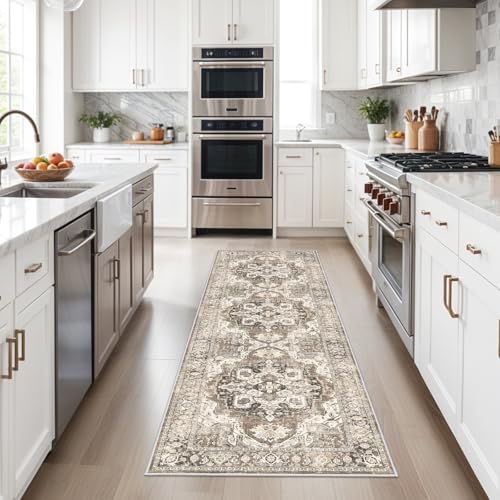 Washable Hallway Runner Rug 2x6: Soft Kitchen Rug Non Slip Rug Runner with Rubber Backing for Living Room Bedroom Bathroom Non Shedding Farmhouse Carpet Runner Rug (Beige/Brown/Grey, 2x6) - color: Beige, size: 2' x 6' (Rectangular)