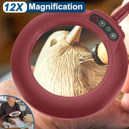 IVMAIE 12X Magnifying Glass with Light, Real Glass Lens, 5 Color Modes Dimmable, Flexible Gooseneck Lighted Magnifier with Stand, LED Desk Lamp Hands Free for Crafts Painting Reading Close Work, Red - color: Red
