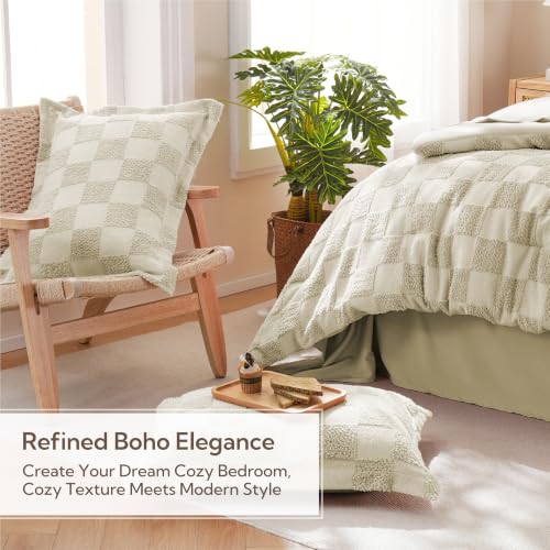 MR&HM King Size Comforter Set 7 Pieces, Checkered Boho Tufted Bed Set Linen | Farmhouse Vintage Bed with Plaid Geometric Design, All-Season Bed in A Bag Comforter with Sheets, Pillow Shams & Pillowcases - color: 2- Linen- Checkered, size: King