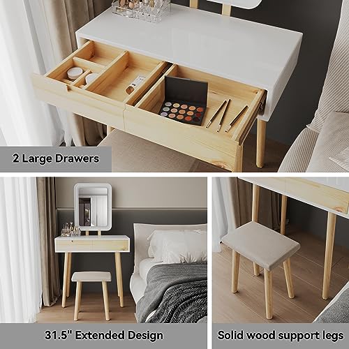 YOURLITE Makeup Vanity Desk with Lighted Mirror & Stool | 31.5" Makeup Table, 3 Lighting Modes, Adjustable Brightness, 2 Drawers, Cushioned Stool, Square Mirror - size: 31.5", style: Square Mirror Wooden