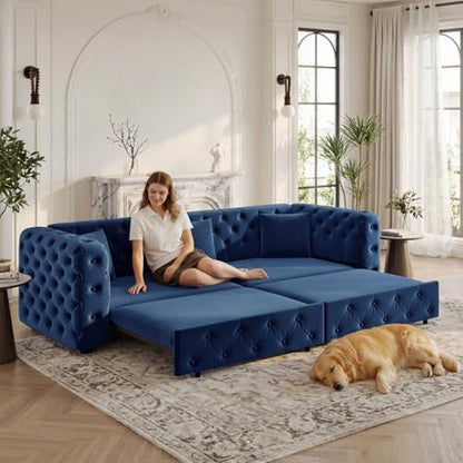 89" 4-Seater Queen Size Pull Out Sofa Bed with 3 Pillows, Blue | 4-Seater Classic Velvet Sofa with Tufted Design,3 Pillows,89" Extra Large 3-in-1 Pull Out Sofa - color: Q-blue-w01