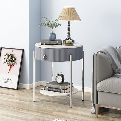 OIOG Nightstand with Drawer and Shelf, Marbling Natural Stone/Silver | Round Modern Side Table, Storage, Shelf, Chrome Finish Metal Legs, 2 Tier End Table, For Living Room, Bedroom, Office - color: Silver